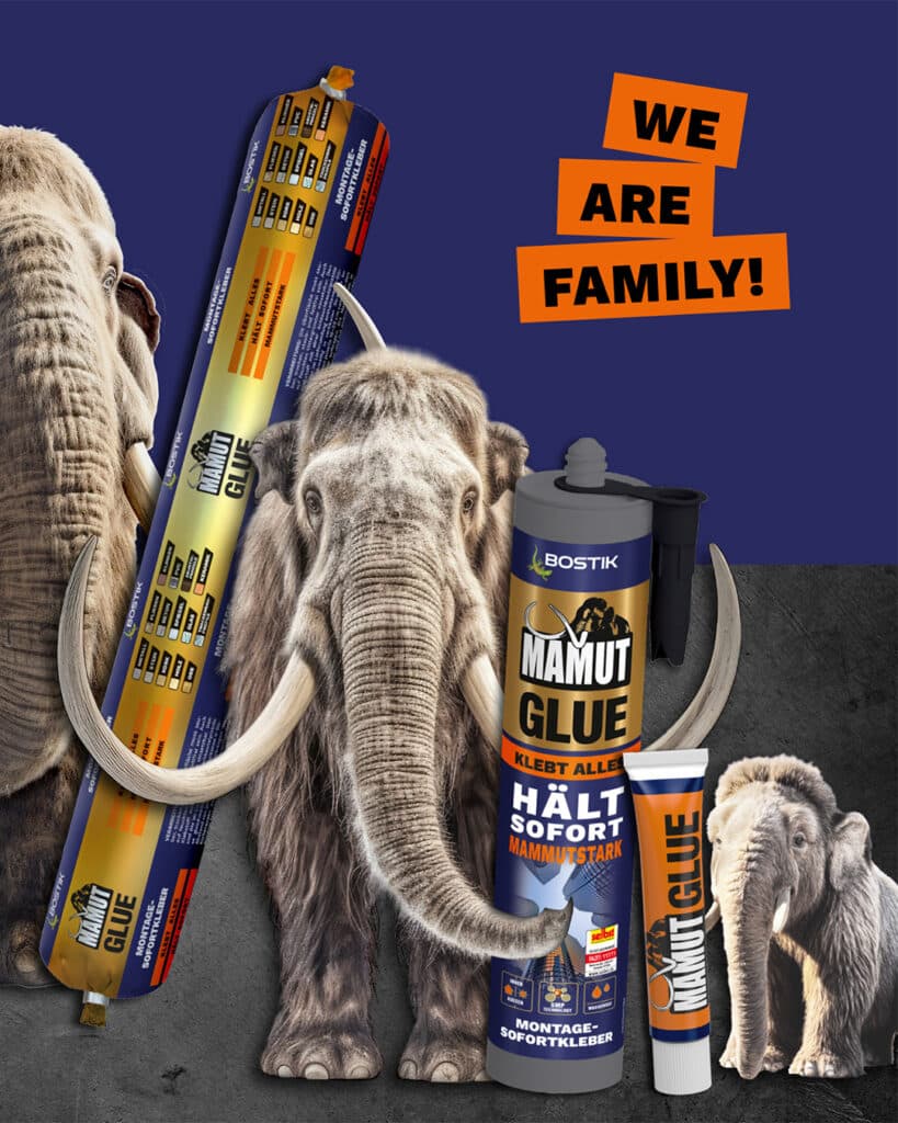 Olifanten met lijmproducten en slogan